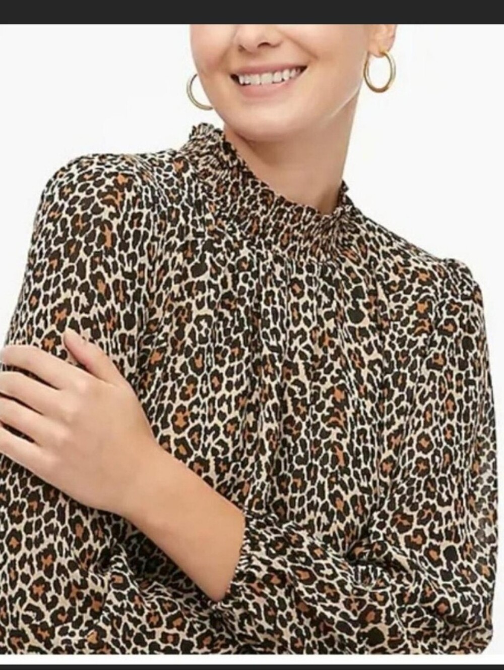 J Crew Leopard Print Smocked Mock Neck Blouse